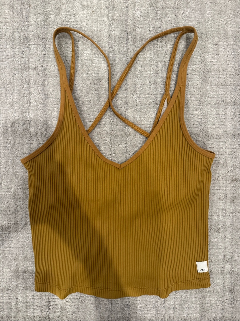 Vuori Ribbed Cross-Strap Crop Top in Mustard Brown